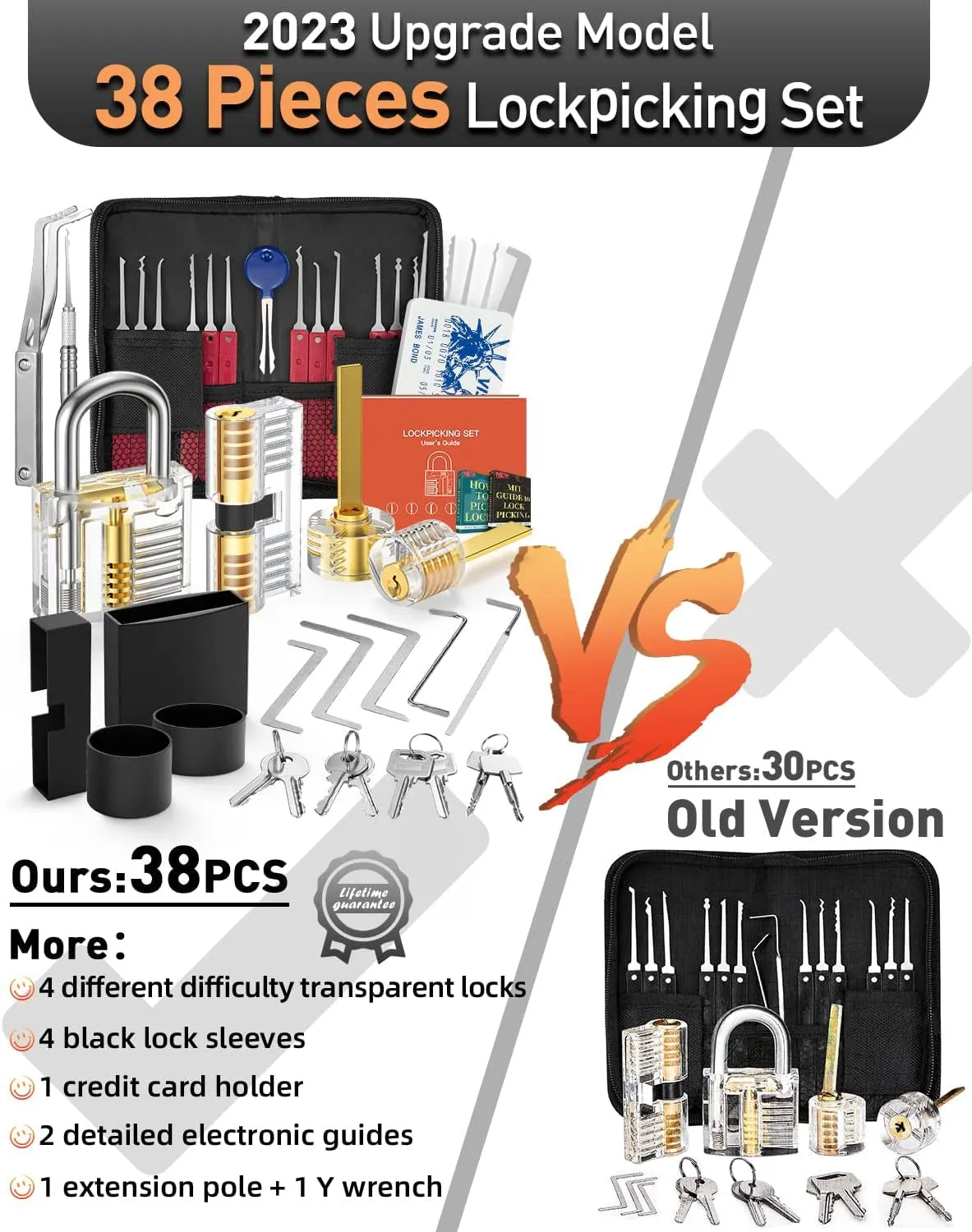 38 4 Piece Lock Picking Set, [2023 Upgrade Version] Lock Pick Tool Kit with 4 Transparent Training Locks for Lockpicking, Bonus E-Guides for Beginner and Pro Locksmiths