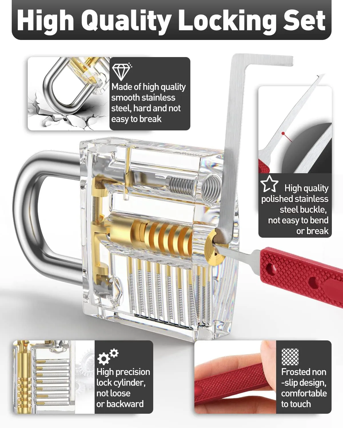 38 4 Piece Lock Picking Set, [2023 Upgrade Version] Lock Pick Tool Kit with 4 Transparent Training Locks for Lockpicking, Bonus E-Guides for Beginner and Pro Locksmiths