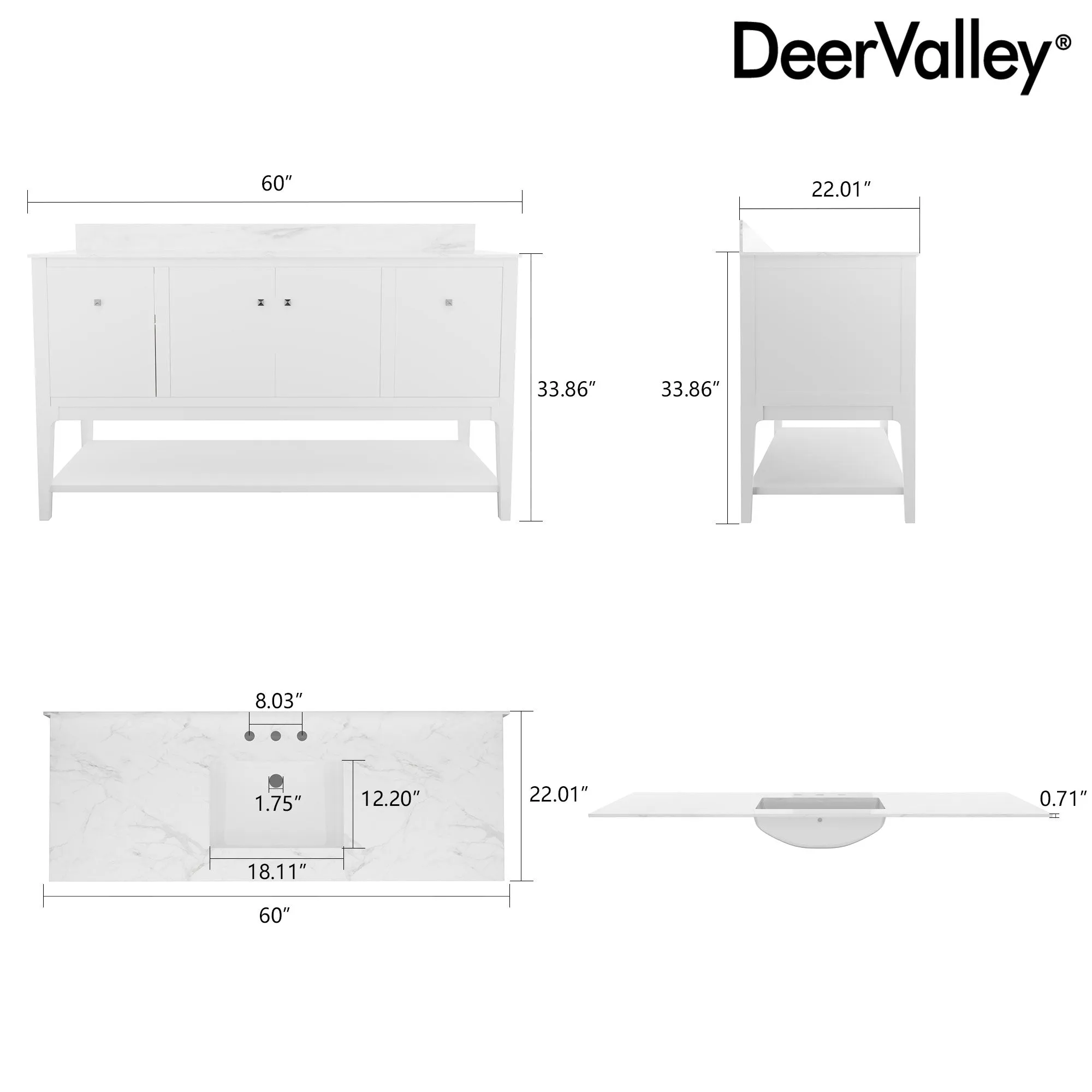 48" / 60" Pre-assembled Bathroom Vanity, with Soft Closing and Splash Guard, White.