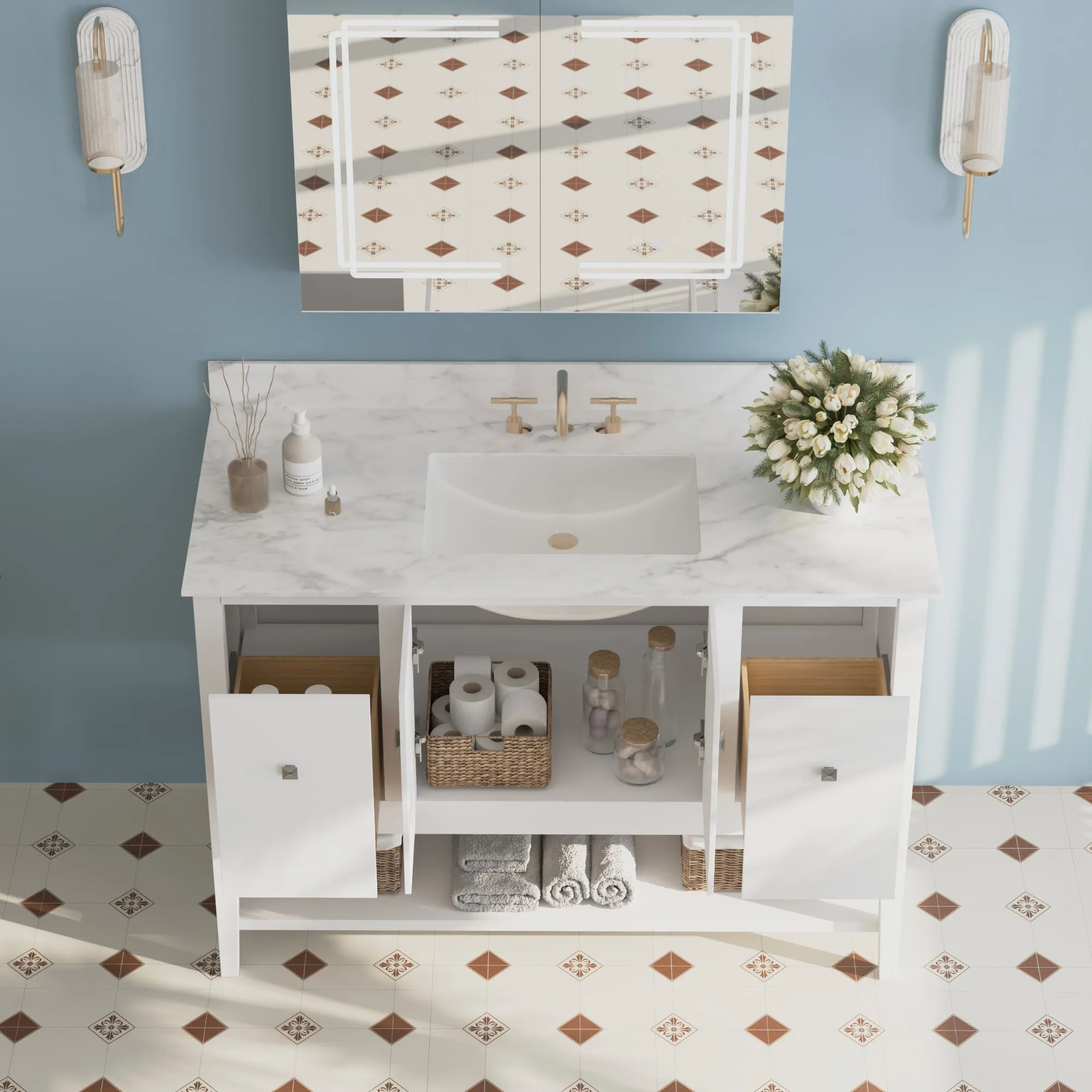 48" / 60" Pre-assembled Bathroom Vanity, with Soft Closing and Splash Guard, White.