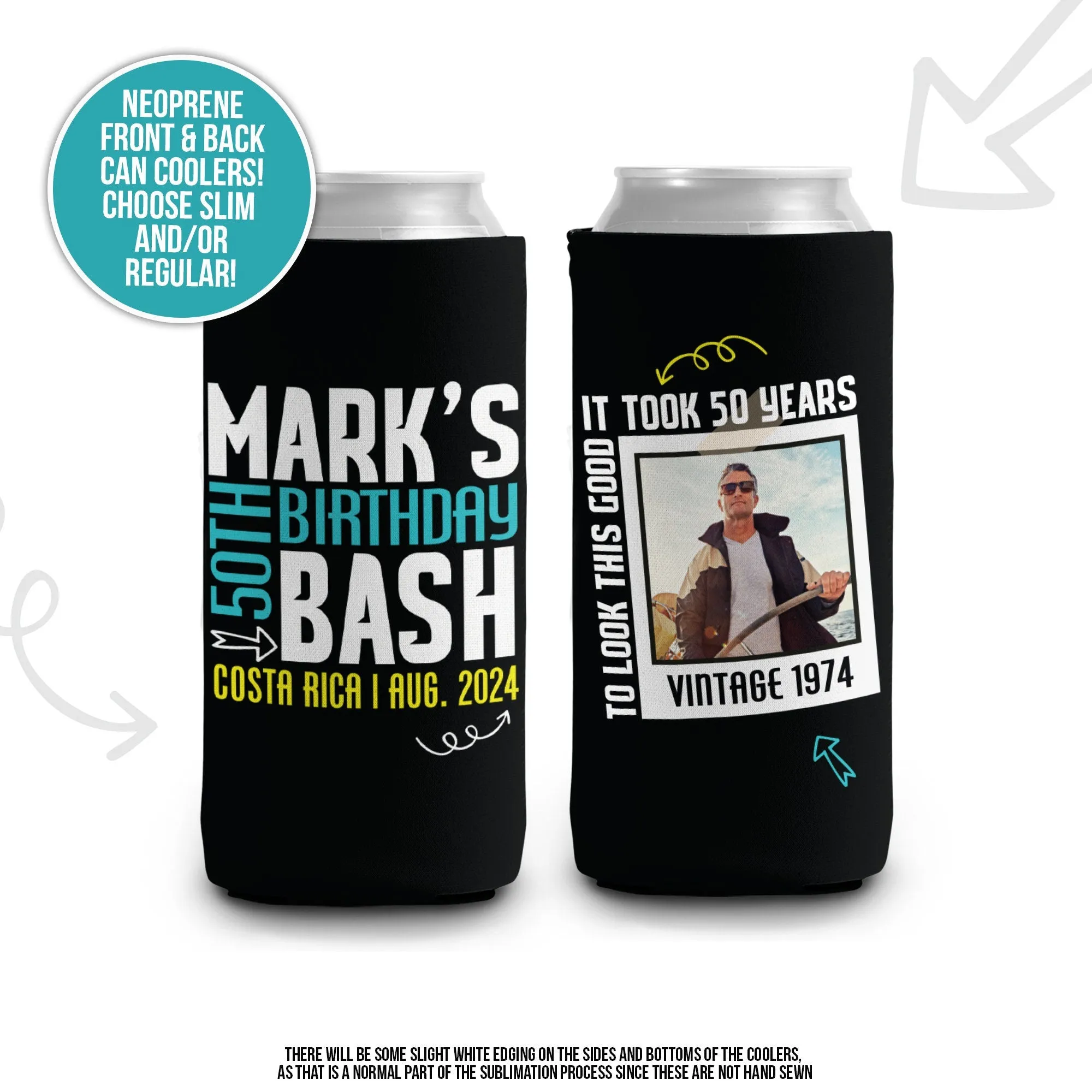 50th birthday bash photo can coolie | vintage 50 years personalized slim or regular can cooler | any age party favor MCC-064