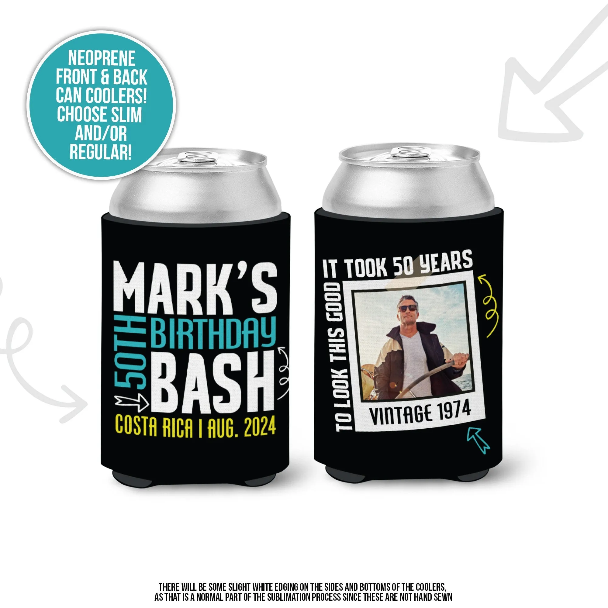 50th birthday bash photo can coolie | vintage 50 years personalized slim or regular can cooler | any age party favor MCC-064