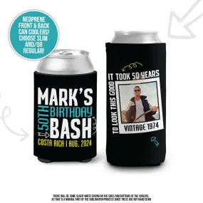 50th birthday bash photo can coolie | vintage 50 years personalized slim or regular can cooler | any age party favor MCC-064