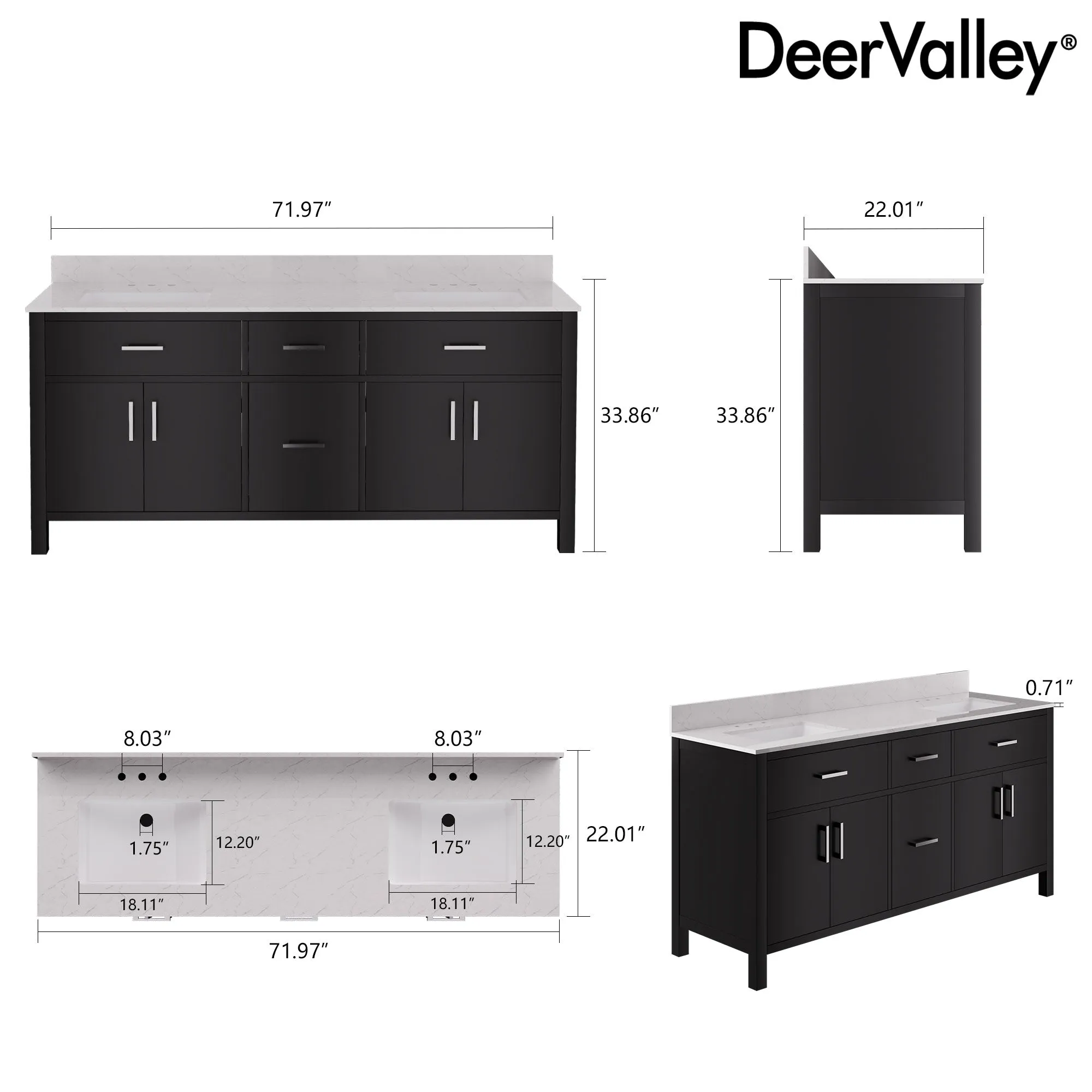 72" Pre-assembled Bathroom Vanity, with Soft Closing and Splash Guard, Natural Black.