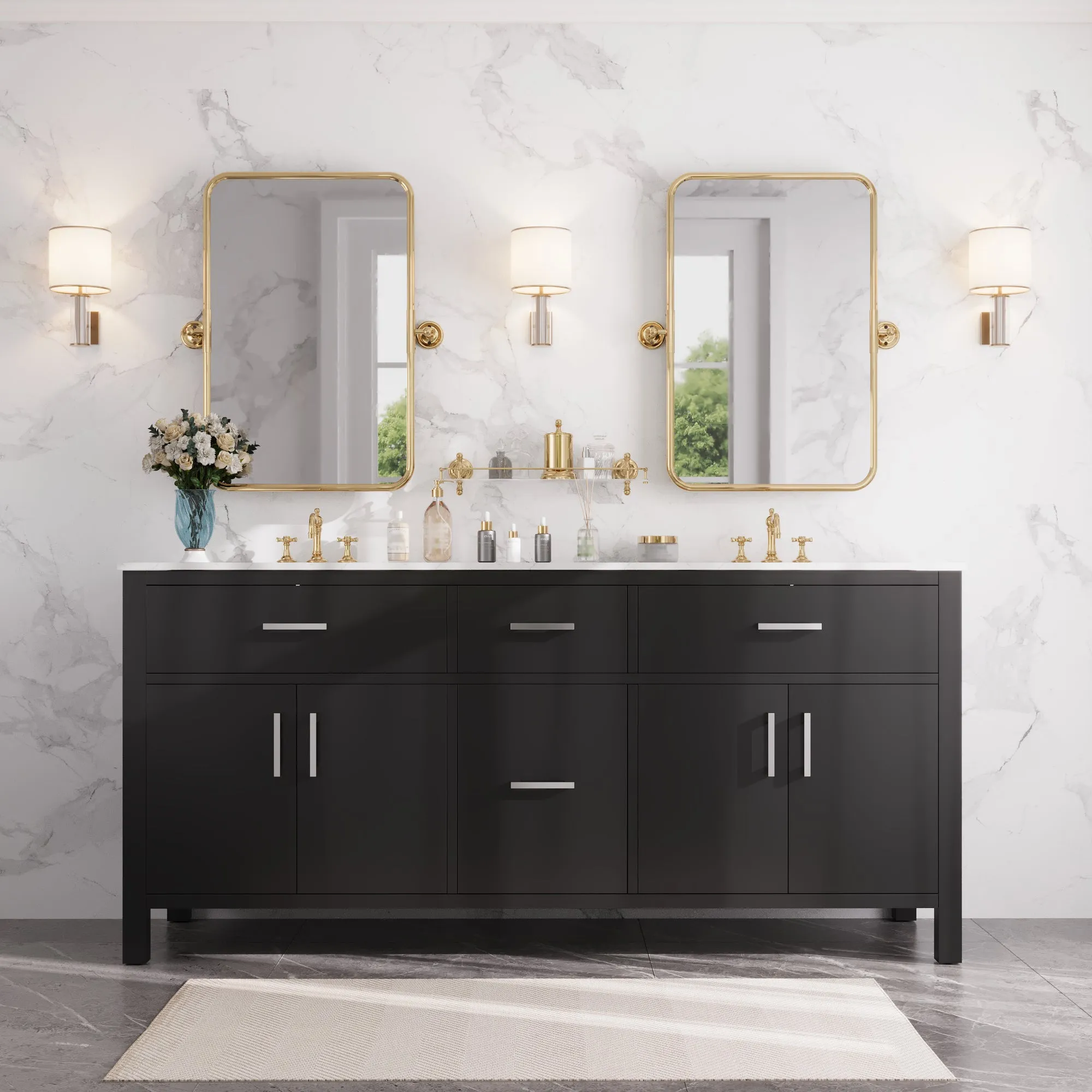 72" Pre-assembled Bathroom Vanity, with Soft Closing and Splash Guard, Natural Black.