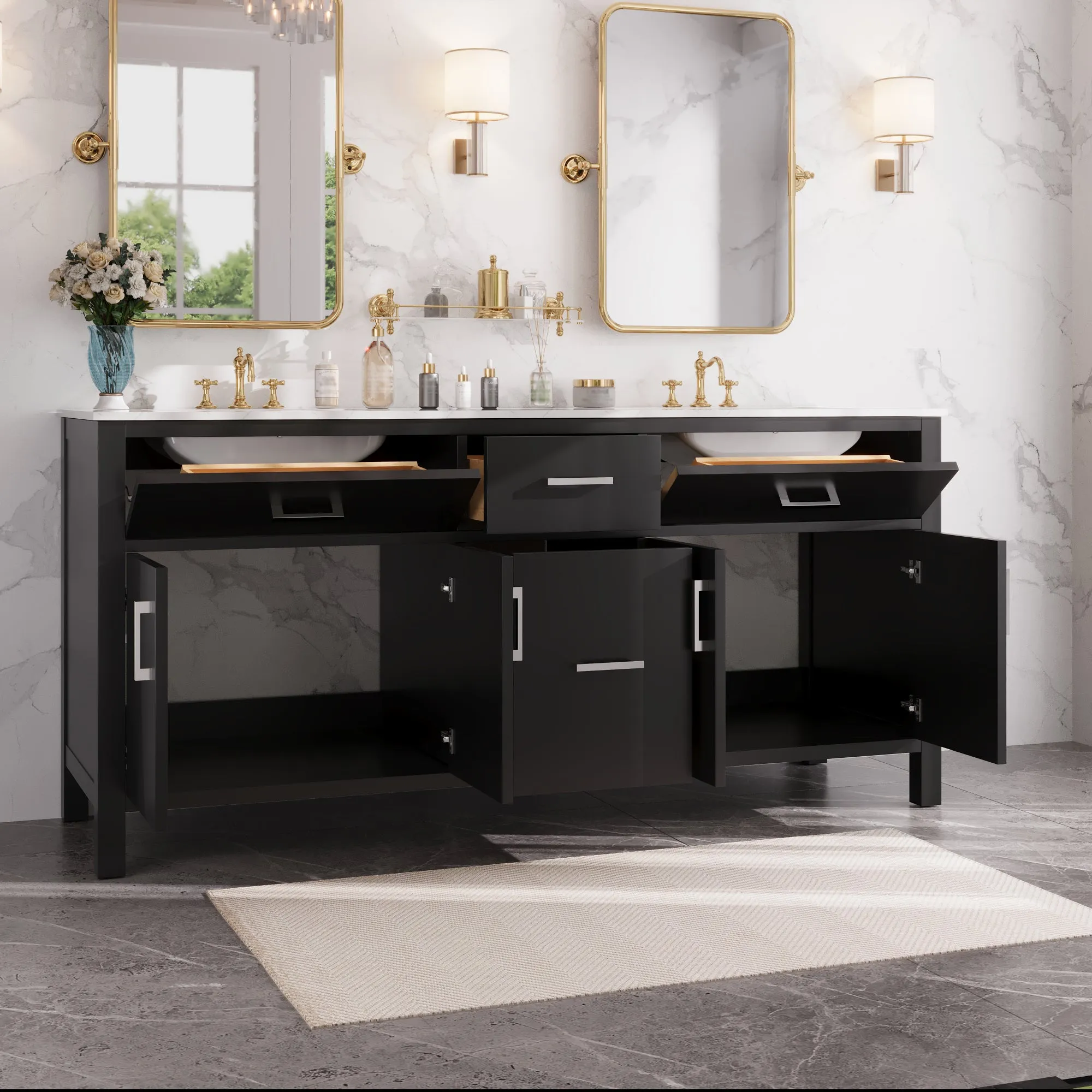 72" Pre-assembled Bathroom Vanity, with Soft Closing and Splash Guard, Natural Black.