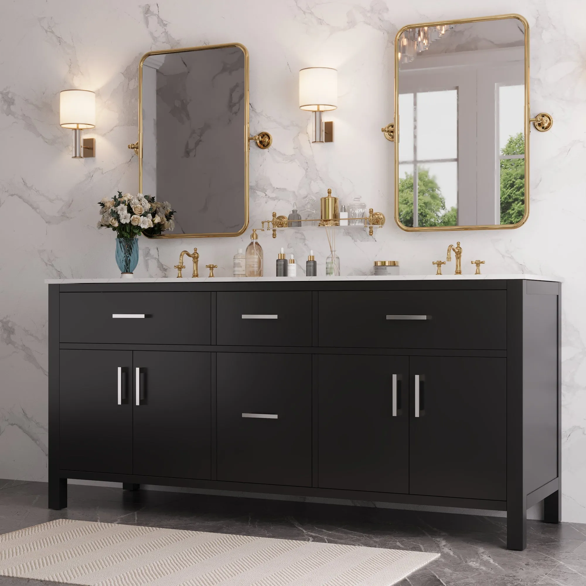 72" Pre-assembled Bathroom Vanity, with Soft Closing and Splash Guard, Natural Black.