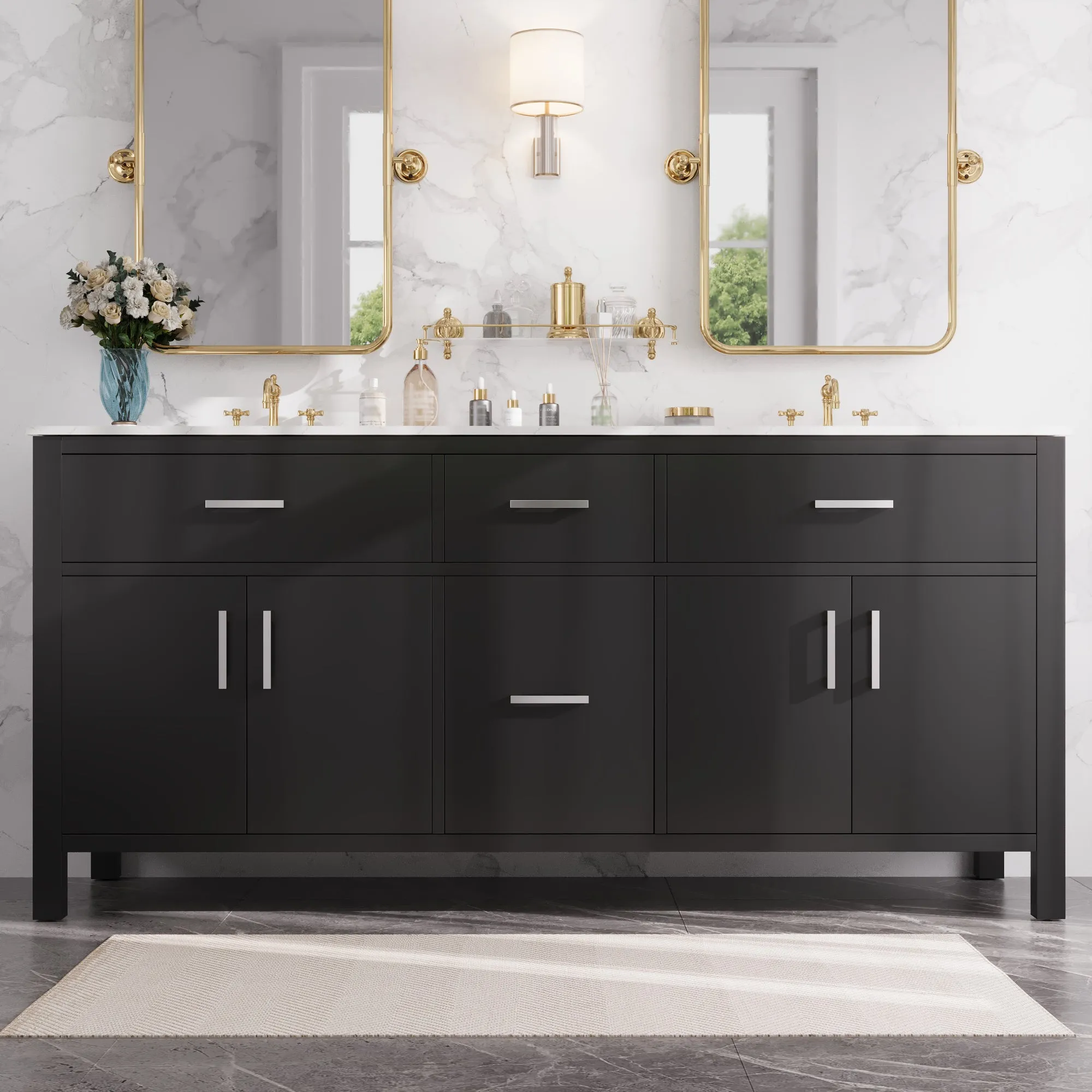 72" Pre-assembled Bathroom Vanity, with Soft Closing and Splash Guard, Natural Black.