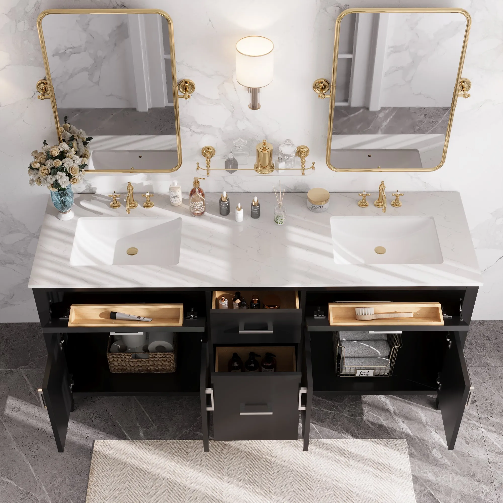 72" Pre-assembled Bathroom Vanity, with Soft Closing and Splash Guard, Natural Black.