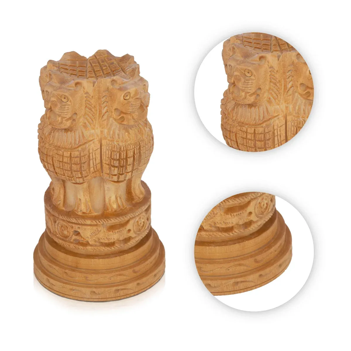 Ashoka Pillar Sculpture - 3 x 2.5 Inches | Wooden Statue/ Ashok Head Idol for Home Decor