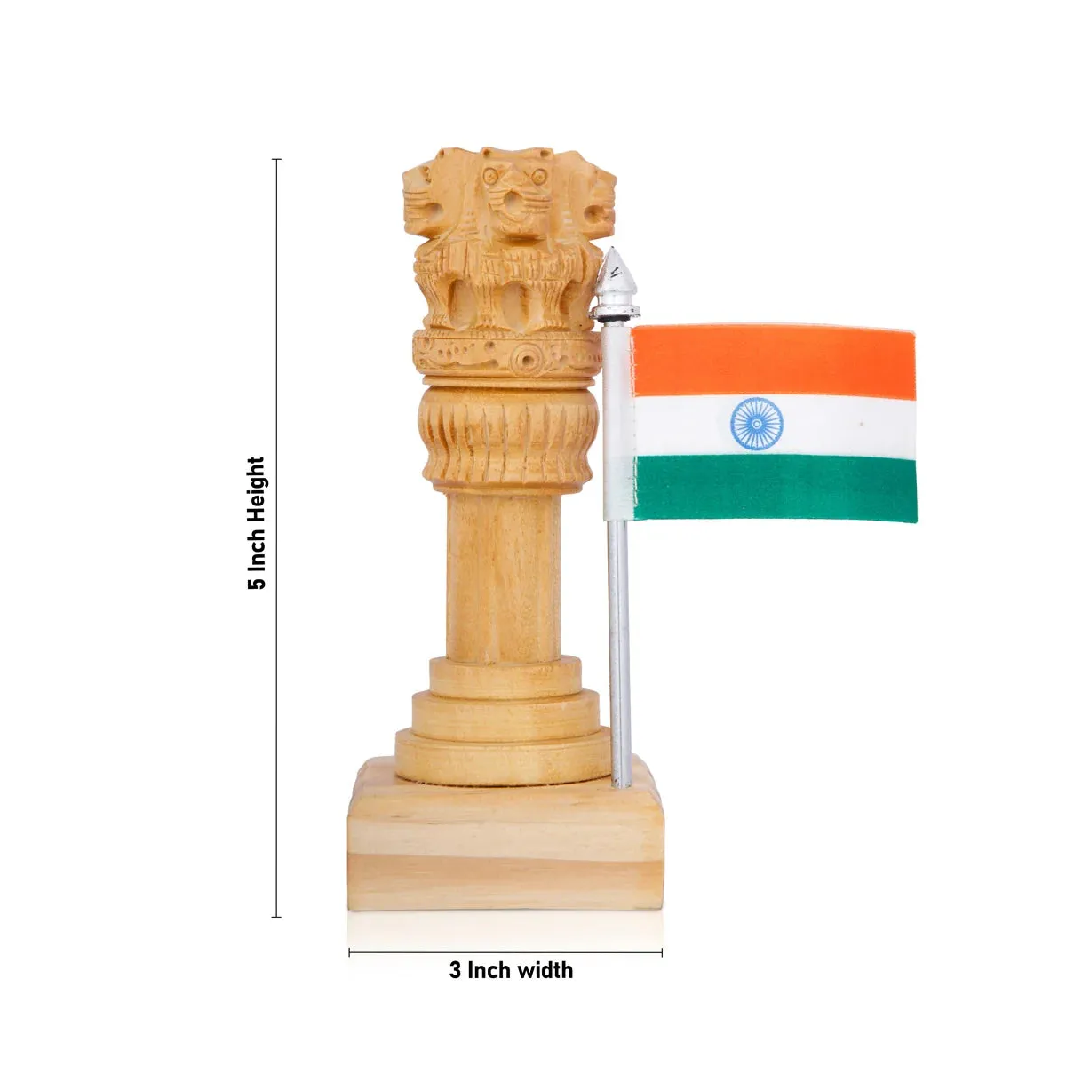 Ashoka Pillar Statue with Flag - 5 x 2 Inches | Wooden Statue/ Ashoka Pillar Idol for Home Decor