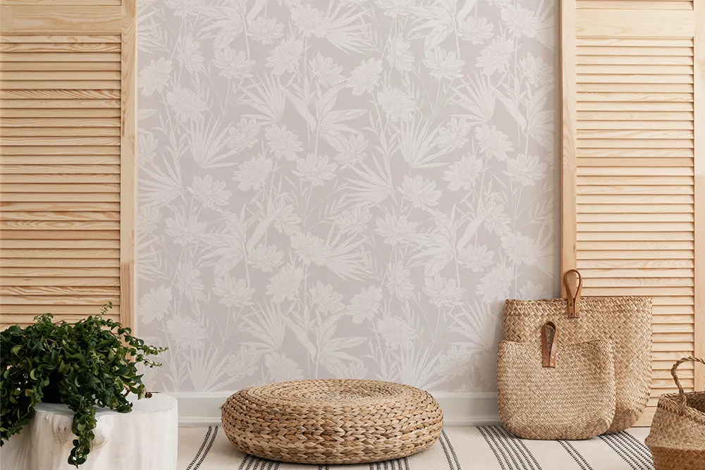 Aster and Fern Sand and White Wallpaper