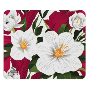 Computer Mouse Pad with Non-slip rubber bottom for Home or Office - White Flowers on Red