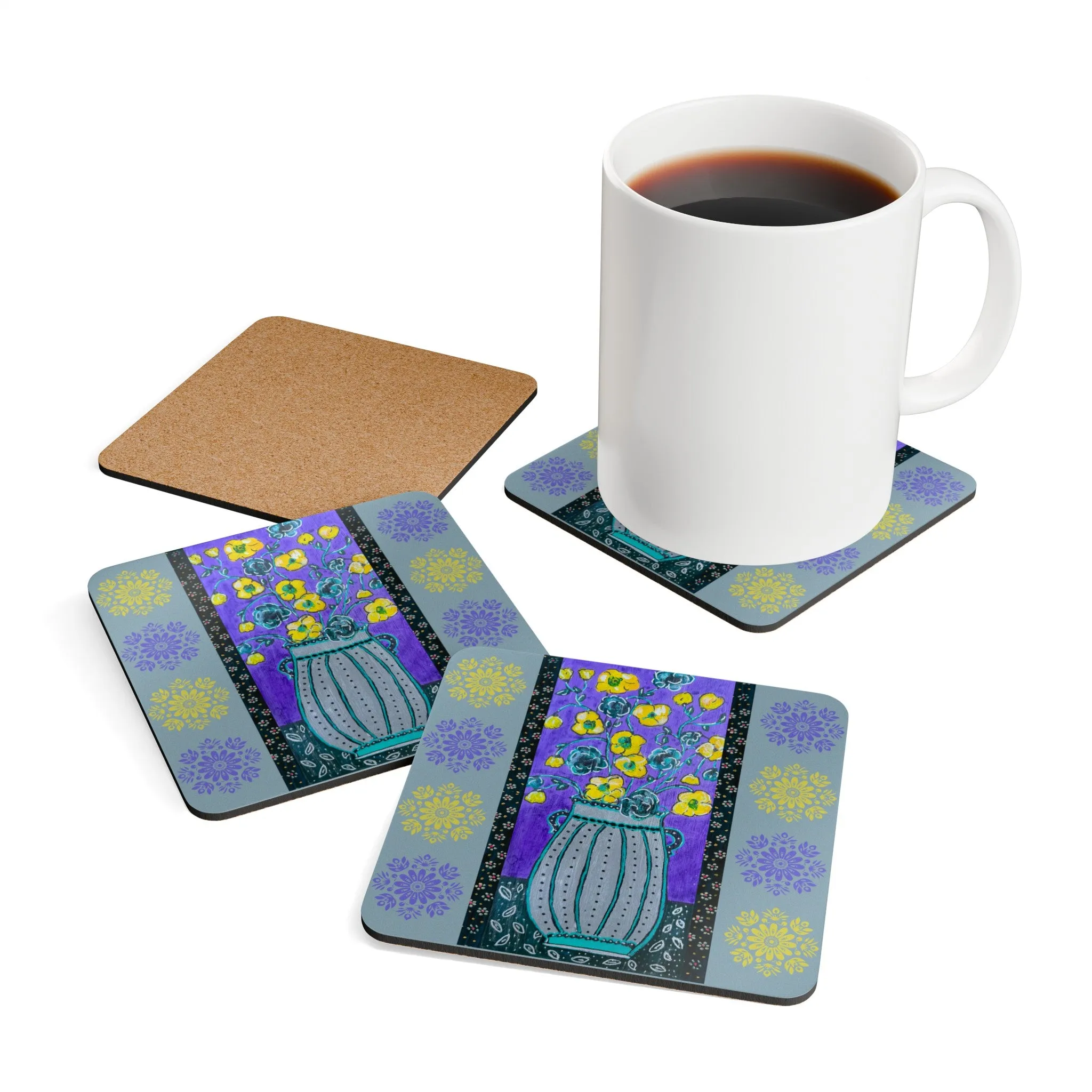 Corkwood Coaster Set - Lavender Vase by "Monica in the Garden"