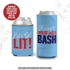 Fourth of July can coolies | 4th of July bash can coolers | let's get lit personalized slim or regular size can coolies MCC-161