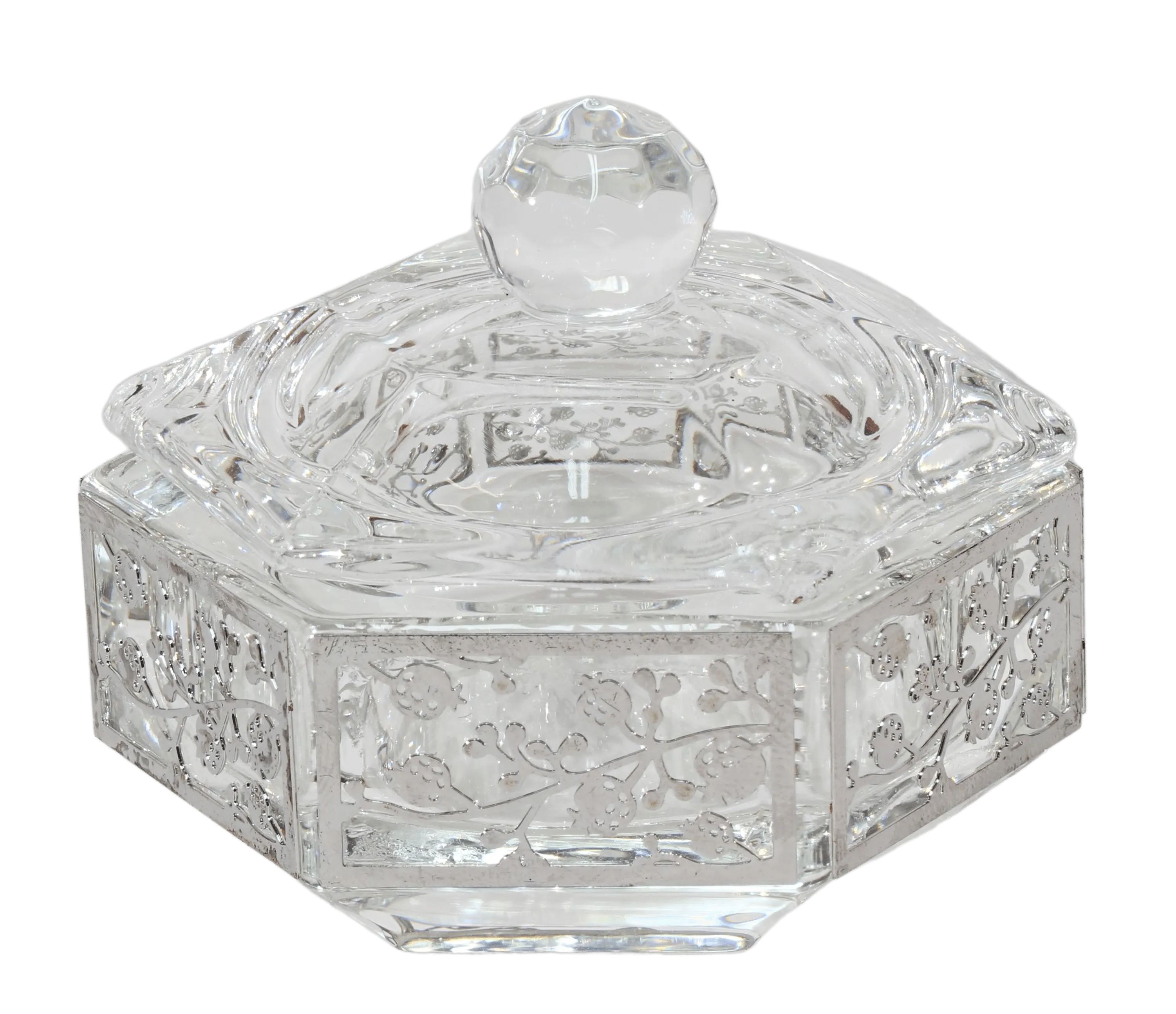 Hexagon Crystal Dish with 3 Legs Floral Metal 2.25"