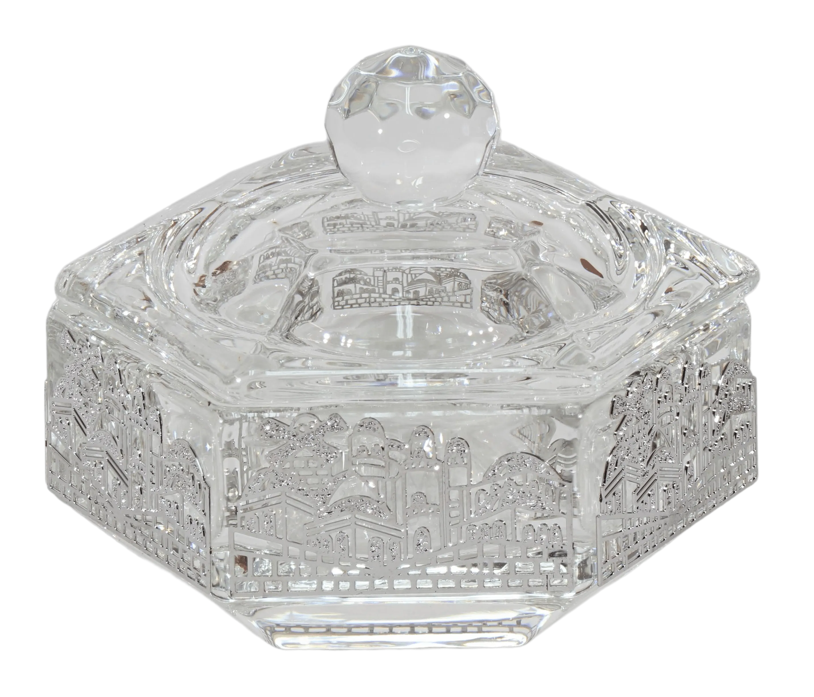 Hexagon Crystal Dish with 3 Legs Jerusalem Metal 2.25"