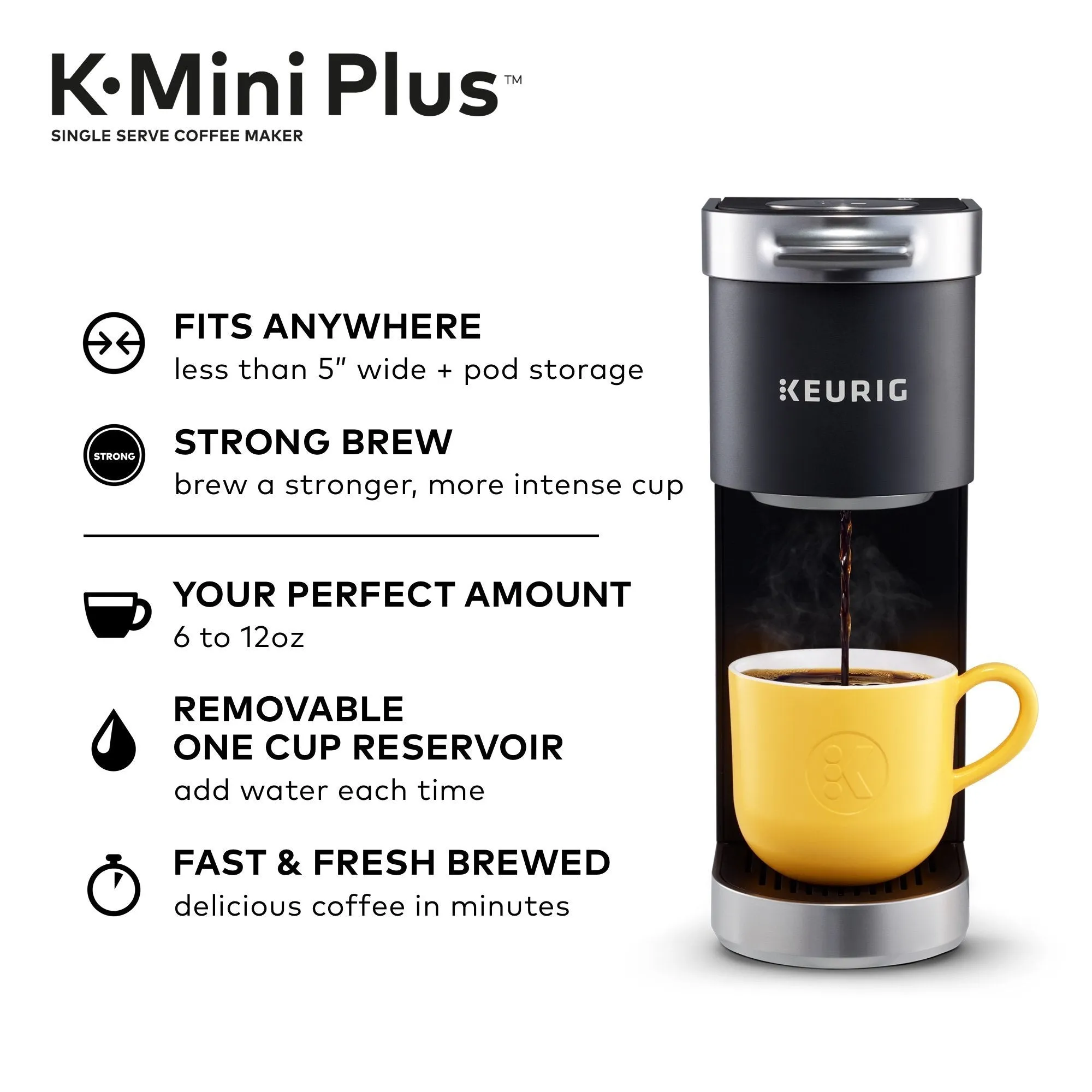 Keurig K-Mini Plus Single Serve K-Cup Pod Coffee Maker, with 6 to 12oz Brew Size, Stores up to 9 K-Cup Pods, Travel Mug Friendly, Matte Black