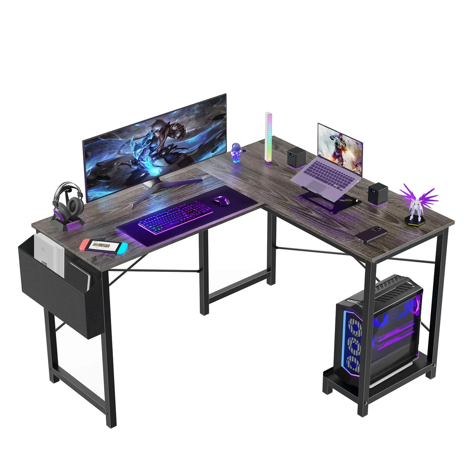 L Shaped Gaming Desk, Corner Desks with CPU Stand Side Bag for Home Office Dorm Sturdy