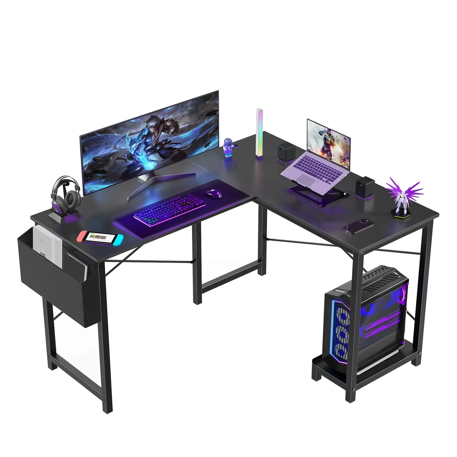 L Shaped Gaming Desk, Corner Desks with CPU Stand Side Bag for Home Office Dorm Sturdy