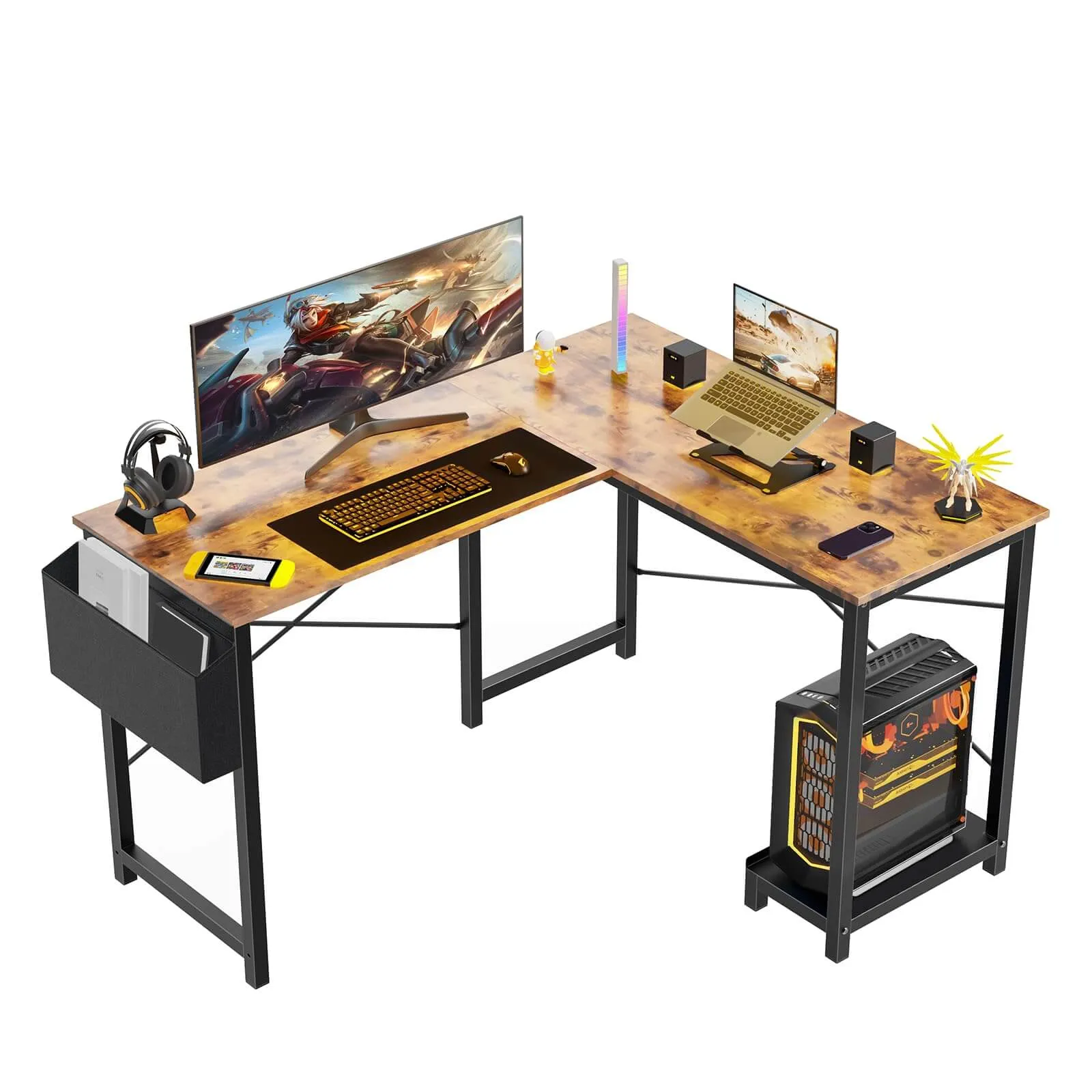 L Shaped Gaming Desk, Corner Desks with CPU Stand Side Bag for Home Office Dorm Sturdy