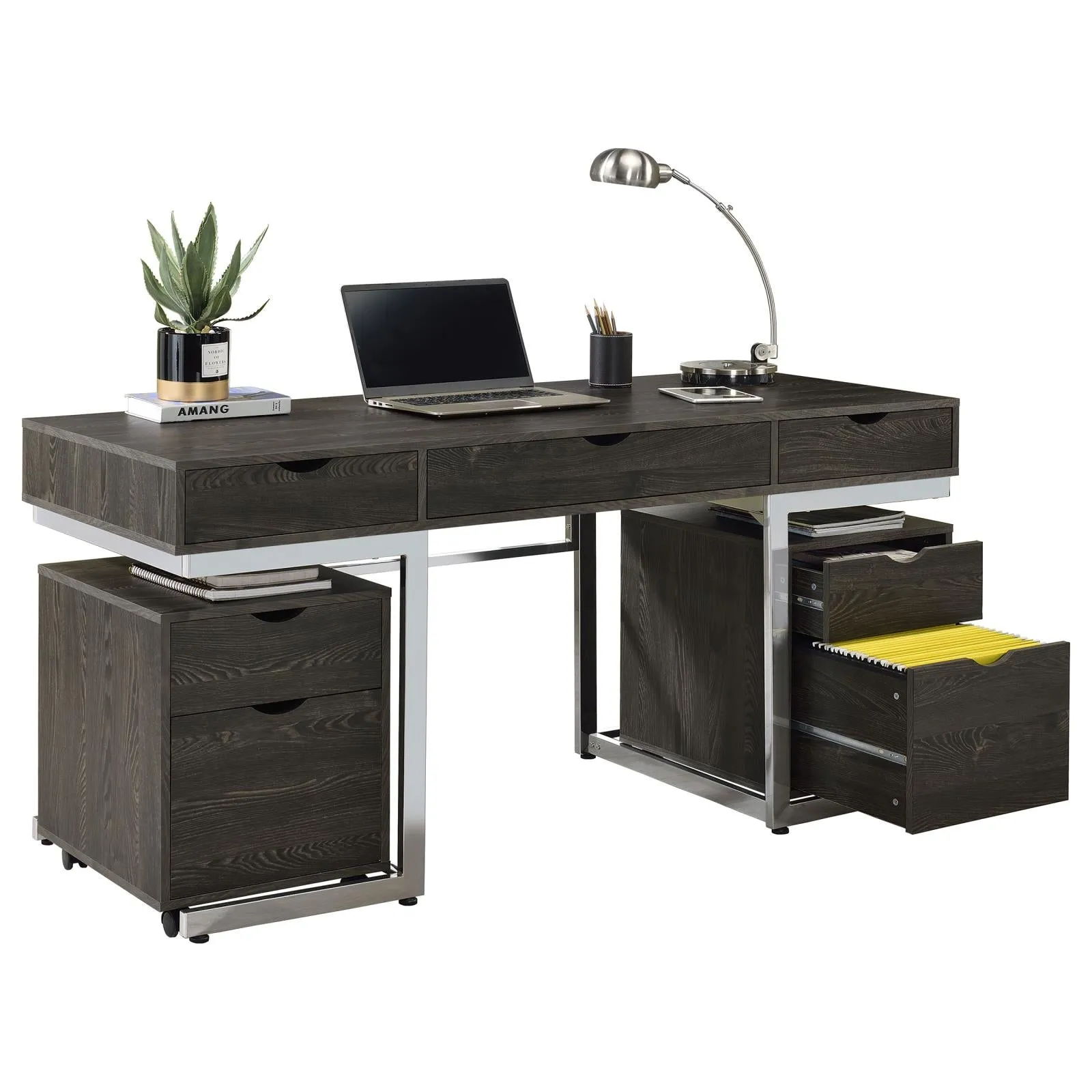 Noorvik 3-piece Writing Desk Set Dark Oak and Chrome