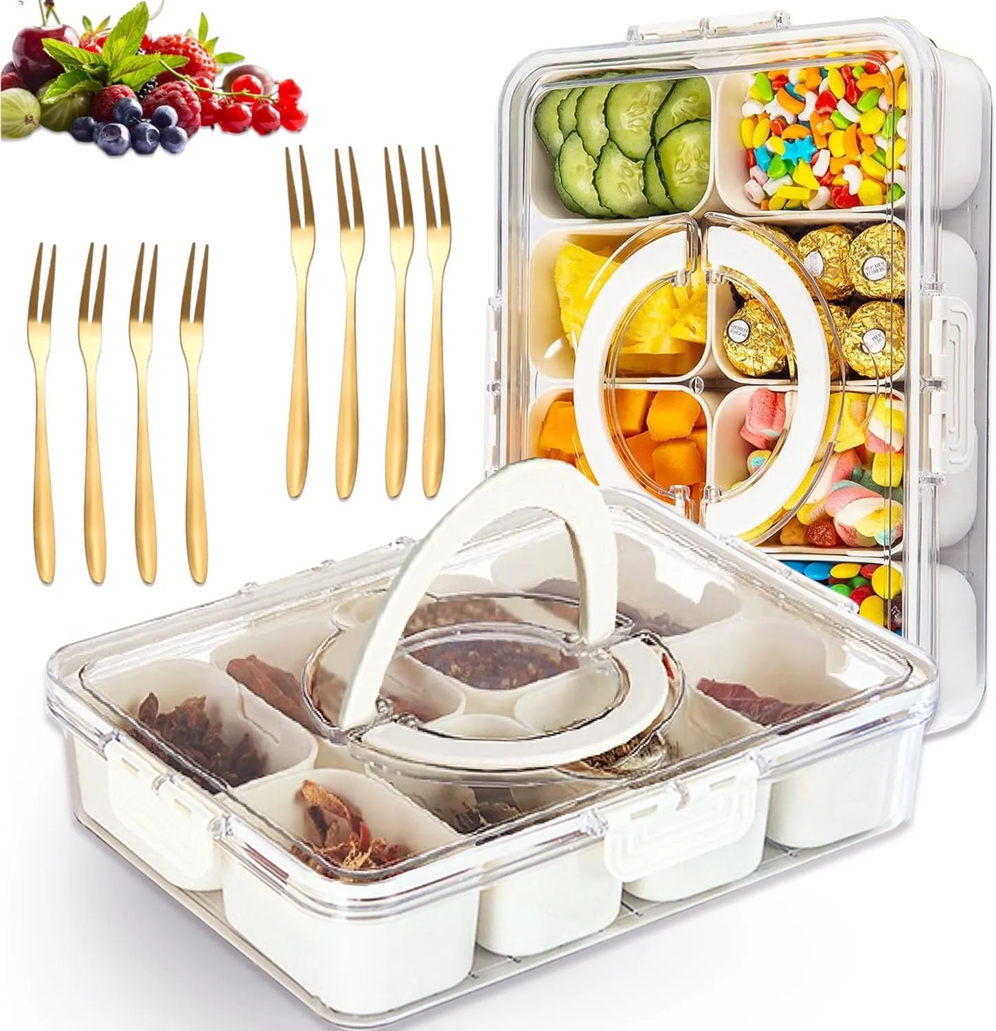 Portable 8-Compartment Snack & Charcuterie Tray with Lid and Handle 2Pack