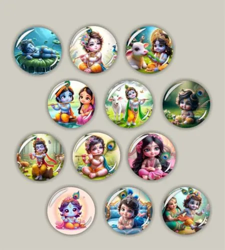 Rangoli 35mm Beautiful Radha Krishna 3D Glass Fridge Magnets for Home Decoration Sticking Notes and Gifting (Pack of 12)