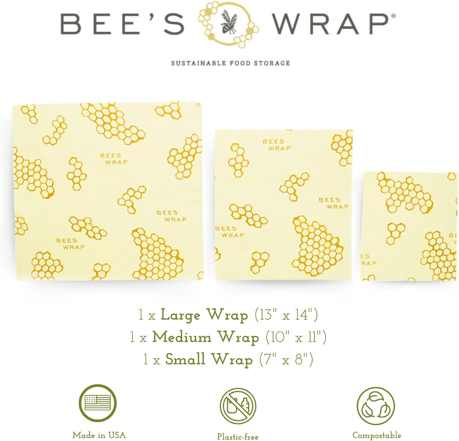 Reusable Beeswax Food Wraps Made in the USA, Eco Friendly Sustainable Organic, Assorted 3 Pack (S, M, L)