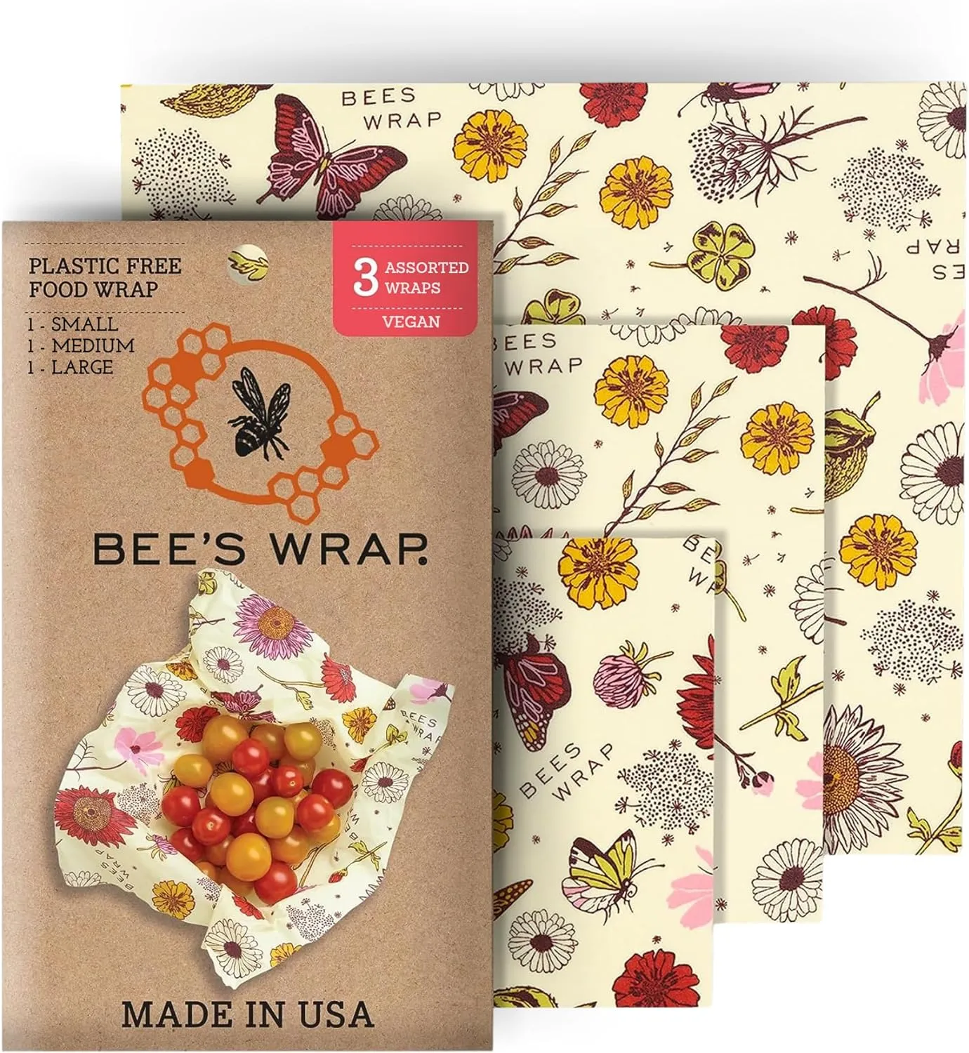 Reusable Beeswax Food Wraps Made in the USA, Eco Friendly Sustainable Organic, Assorted 3 Pack (S, M, L)