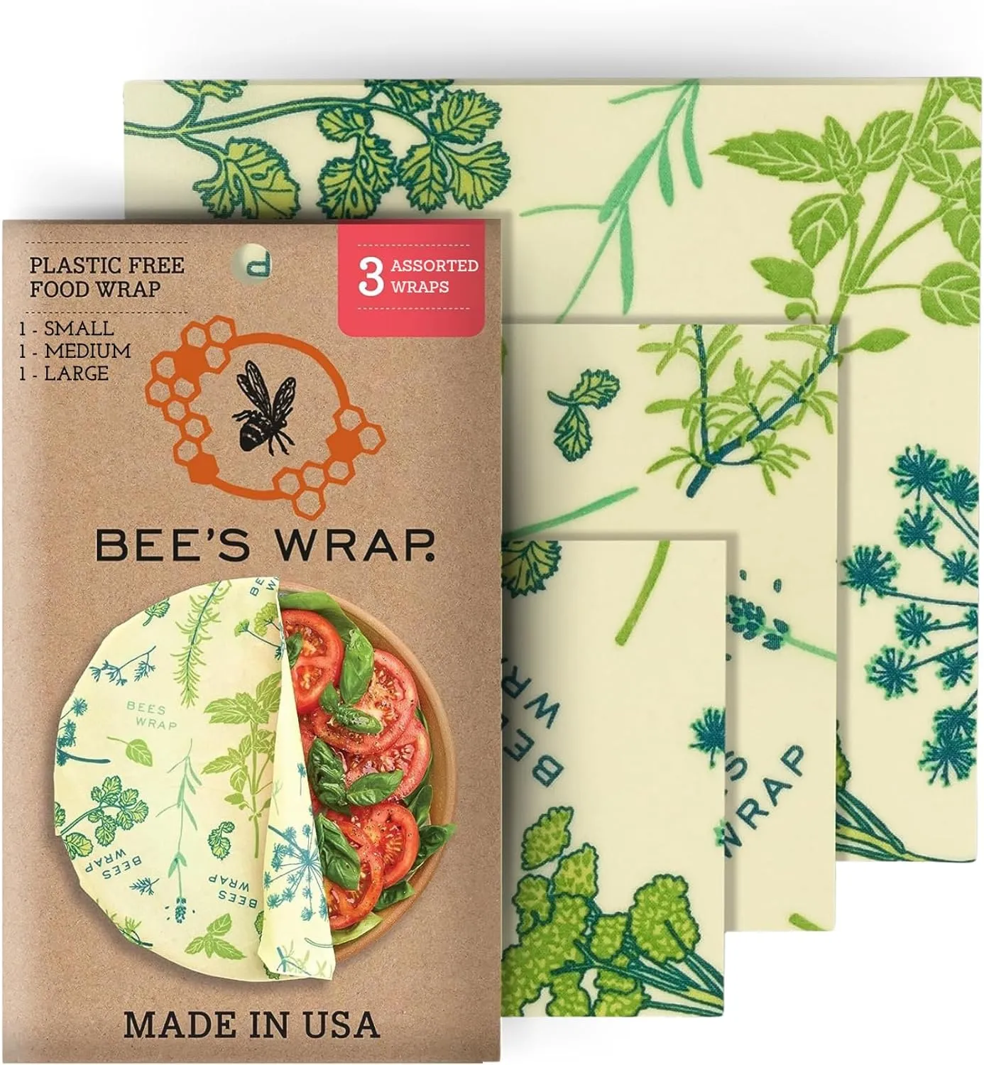 Reusable Beeswax Food Wraps Made in the USA, Eco Friendly Sustainable Organic, Assorted 3 Pack (S, M, L)