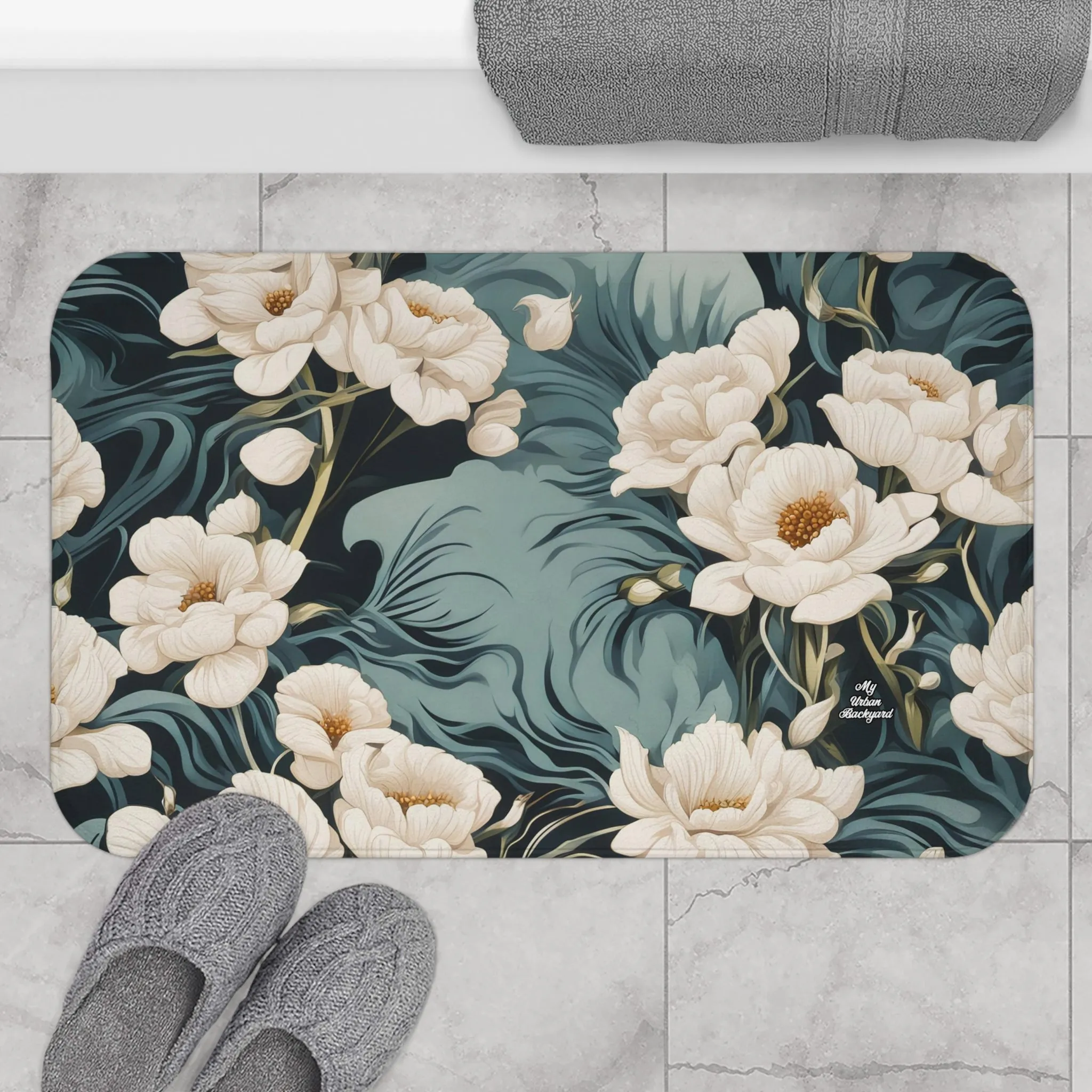 Winter Flowers, Memory Foam Bath Mat - Cozy Bathroom Essential